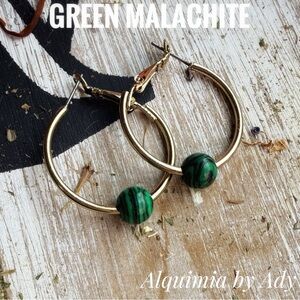 Alquimia Elegant Green Malachite gold hoop Earrings